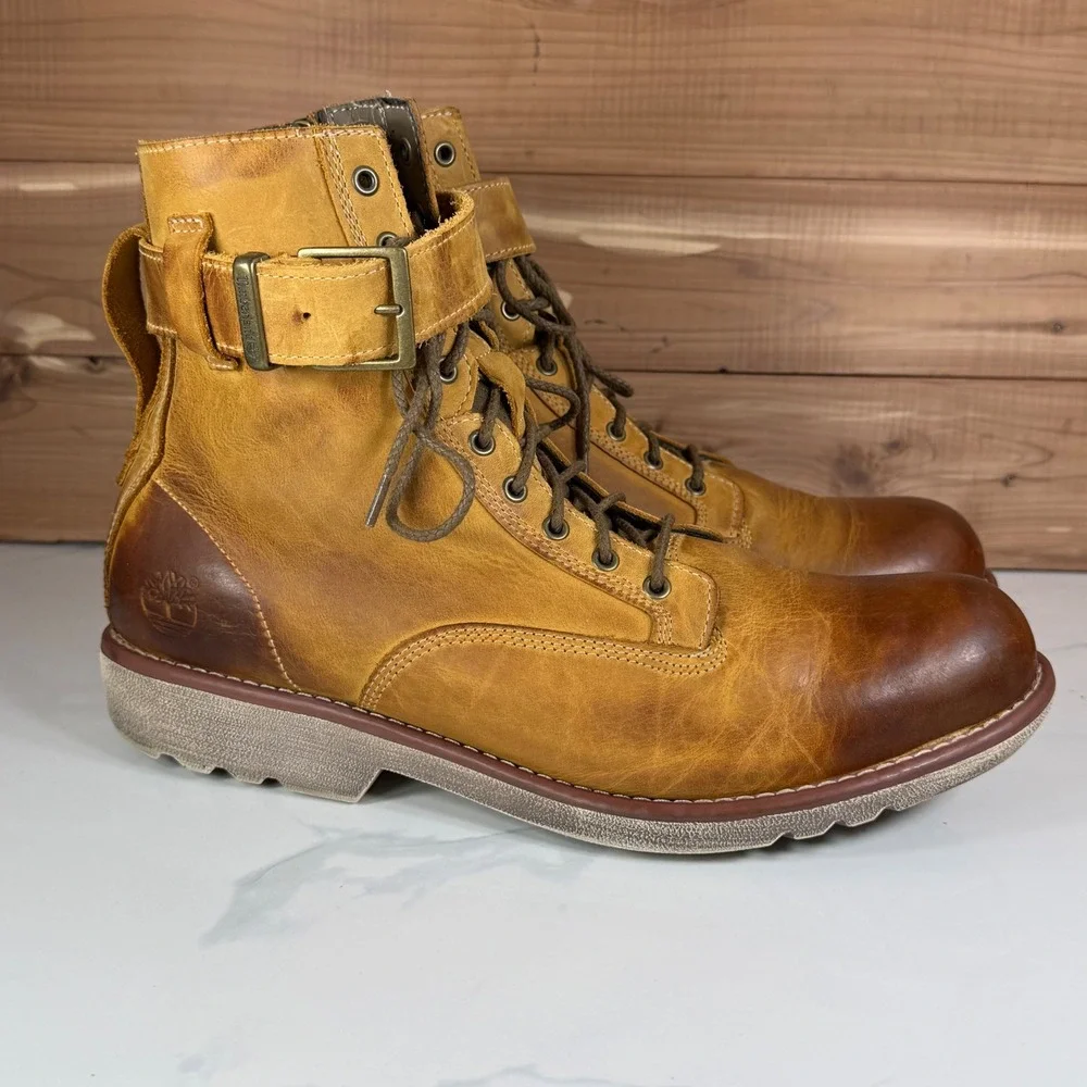 Timberland Earthkeepers Side Zip Buckle Boots Tan Leather‎ 5358R Mens 13